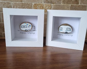 Caravan, Happy Camping, 2 styles, handpainted pebble, framed art, homedecor, Camping theme gift