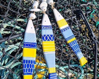 Hanging Clay Fish, Handcrafted & hand painted, seaside decor, nautical, Boho coastal