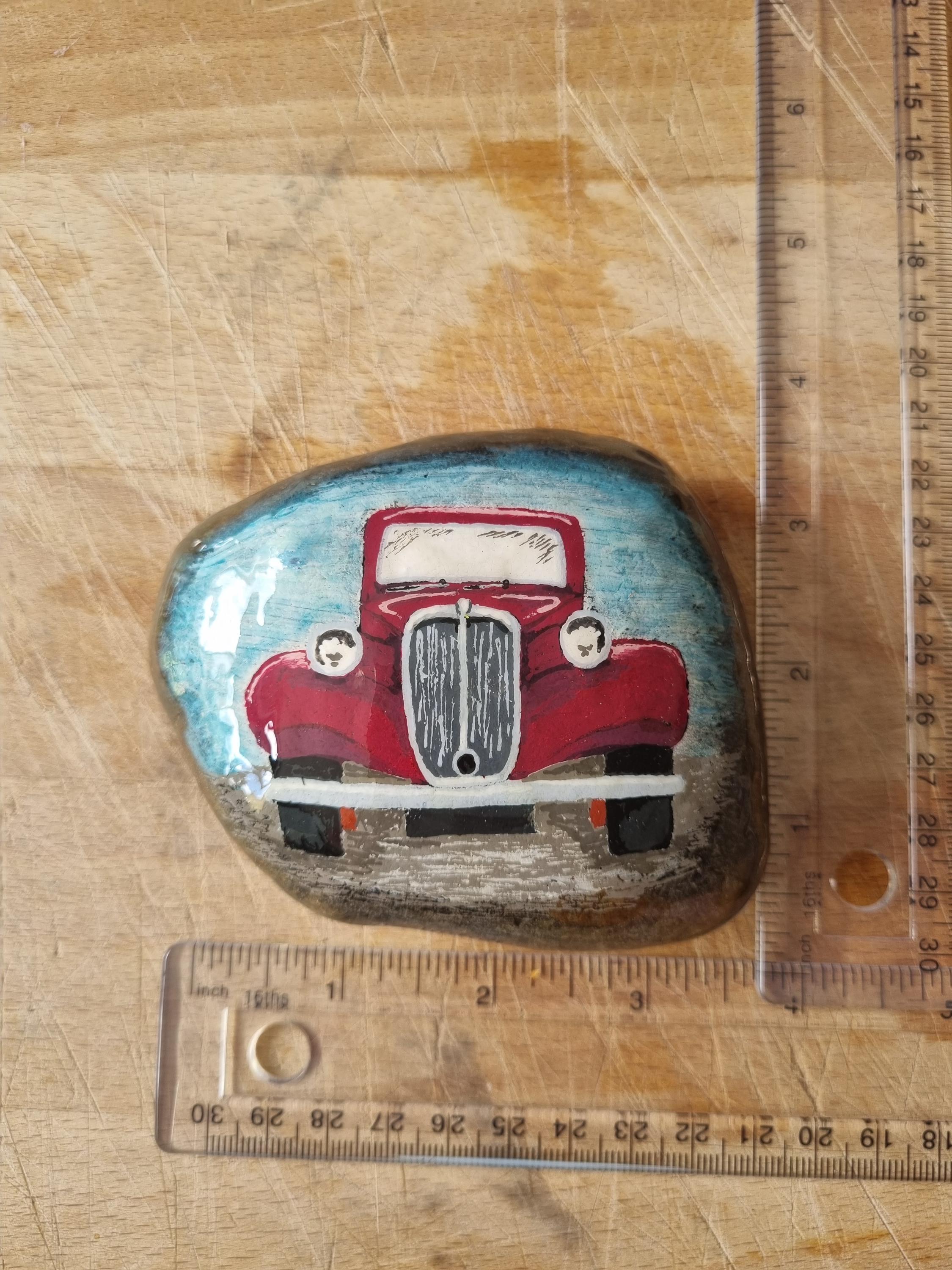 Vintage Classic Car, Hand Painted Stone, Automotive Décor