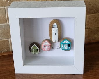 Framed Pebble Art: Southwold Beach Huts & Lighthouse - Handpainted Seaside Decor