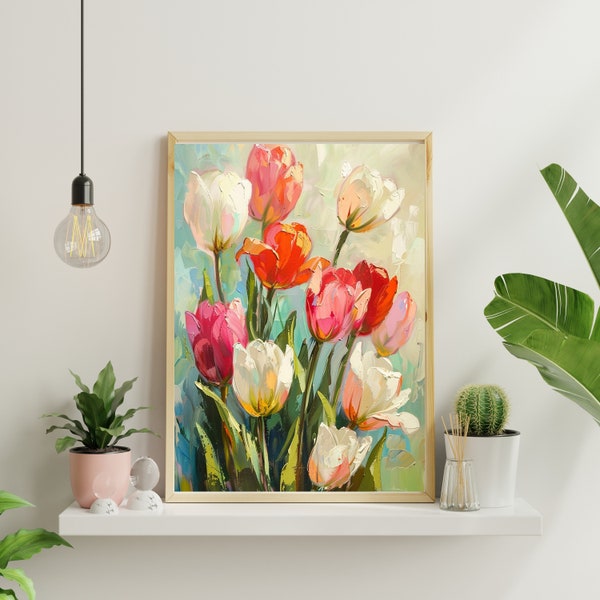 Tulip Oil Painting Digital Download - Elegant Floral Art Print - Spring Home Decor - Printable Modern Artwork - Instant Art File