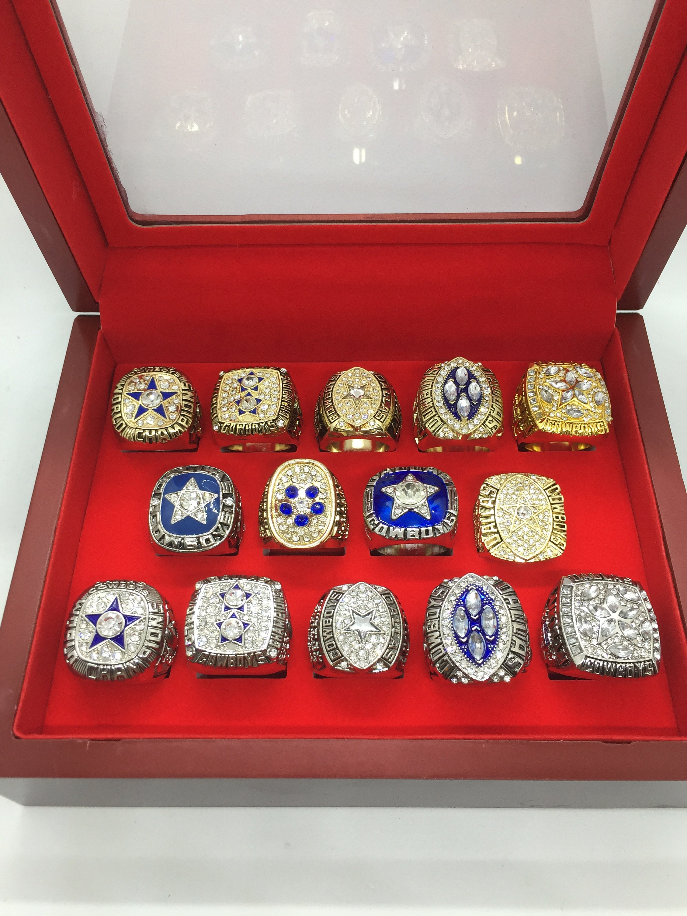Dallas Cowboys 14 Pcs Championship Ring Set With Wooden Display Box Etsy Canada