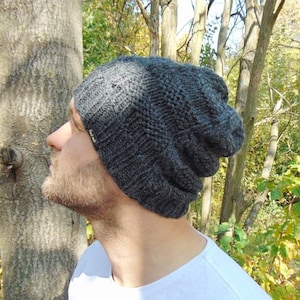 Alpaca Wool Mens Hat Hand Made Winter Beanie Men Charcoal Dark Gray Warm Soft Mens Hat Eco Friendly Winter Headwear Slouchy Beanie For Gents