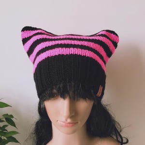 Hand Knit Pink Cat Ear Beanie: Wool Winter Pussyhat