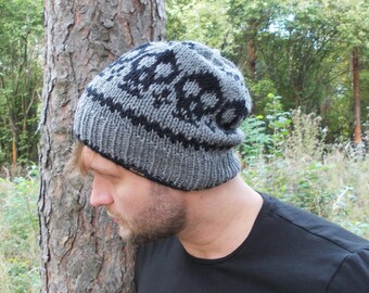 Skull Black Gray Alpaca Wool Mens Hat Hand Made Winter Beanie Skull Men Grey Warm Soft Mens Hat Gift Husband Punk Rock Metal Slouchy Beanie