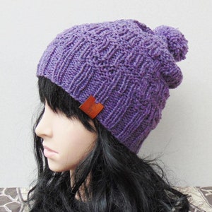 Lilac Violet Ladies Pompom Alpaca Wool Hat Hand Made Winter Beanie Woman Slouchy Warm Hat Winter Cap Gift Girl Slouchy Beanie Purple Cap