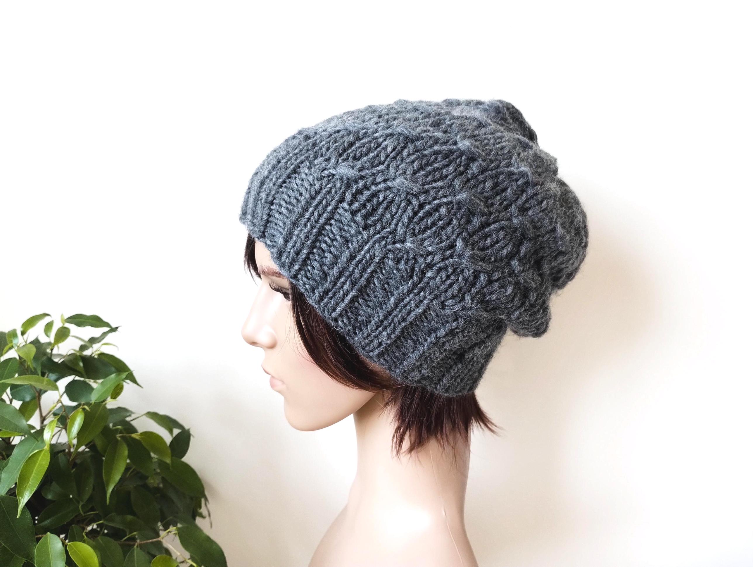 Hand Knit Chunky Wool Beanie: Gray Slouchy Winter Hat - Etsy display picture 3