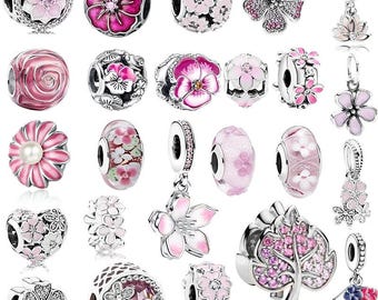Funkelnde rosa Blumen-Serie Kirschblüten-Gänseblümchen-Charme-Korn passen europäischen Art-Charme 925 Silber-Armband DIY-Frauen Schmuck Geschenke