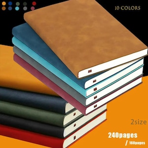 May include: A stack of ten colorful notebooks, each with a different cover color, including brown, blue, and teal. The notebooks have white-edged pages and a small red marker on the spine. The text "10 COLORS", "2size", "240pages / 160pages" is visible.
