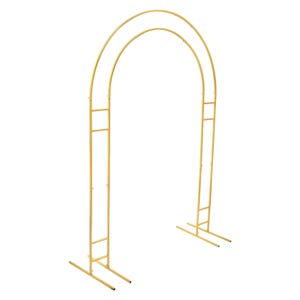 May include: A gold metal wedding arch with a double arch design. The arch has a rectangular base for stability and is suitable for outdoor or indoor events. The arch is made of metal and has a smooth finish.
