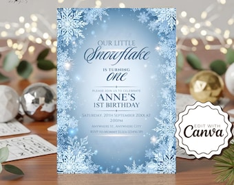 Our Little Snowflake Invite, Winter Birthday Invitation Snowflake Theme Party Invite Custom Editable Snowflake Template Seasonal Celebration