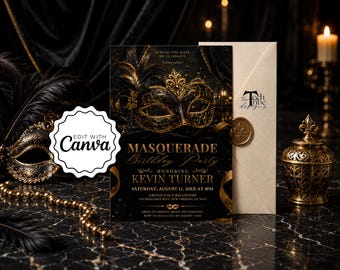 Masquerade Ball Invitation, Editable Birthday Party Invite Template, Printable Digital Bday Invitation for Elegant Celebration