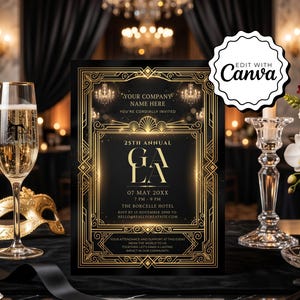 Op de afbeelding: Een formele uitnodiging met gouden Art Deco-randen en tekst, waaronder "25th Annual GA". De uitnodiging staat op een zwarte achtergrond, met een champagneglas, een masker en bloemstukken. De tekst bevat "Edit with Canva".