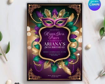 Mardi Gras Invite, Mardi Gras Themed Invitation, Mardi Gras Party Invite, Mardi Gras Birthday Invite, Masquerade Ball Invitation Template