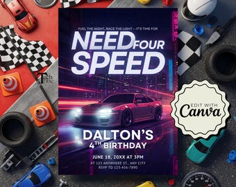 Invitación "Necesito cuatro velocidades", invitación de cumpleaños "Necesito cuatro velocidades", invitación de cumpleaños de auto de carreras, invitación imprimible para fiesta de 4.º cumpleaños