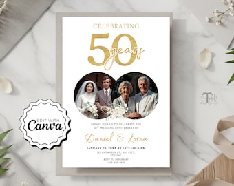 50th Wedding Anniversary Invitation Digital 50th Anniversary Invite with Roses Greenery & Gold Theme Wedding Anniversary Invite with Photo