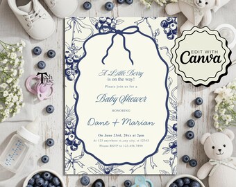 Blueberry Baby Shower Invitation - Blueberry Gingham Berry Sweet Baby Blue Evite, Printable Baby Shower Invite, Printable Party Invite
