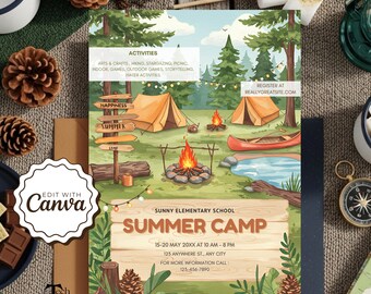 Plantilla de volante de campamento de verano, volante de campamento juvenil, póster de campamento, folleto de campamento de verano editable, volante de campamento imprimible, plantilla de Canva imprimible