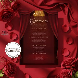May include: A burgundy-colored event graphic with the word "Sponsors" in elegant script. The text lists sponsors under categories like Title, Platinum, and Gold. Red roses and petals frame the design, with a gold chandelier illustration.