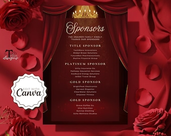 Plantilla de patrocinio para galas elegantes, evento benéfico formal, plantilla imprimible de patrocinio para cenas y banquetes, plantilla para eventos de alfombra roja