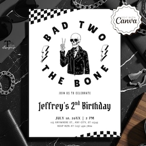 Bad Two The Bone Birthday Invite, Bad 2 The Bone Party Invitation, Skeleton Peace Sign Theme, Bad Idea Printable Birthday Invite Template