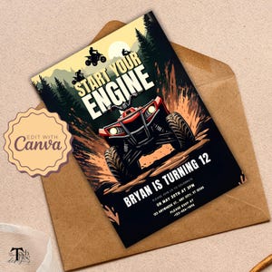 Invitation d'anniversaire de VTT, invitation de fête d'anniversaire de quad - Invitation d'anniversaire de quatre roues 4 vitesses, invitation d'anniversaire personnalisée de vélo tout-terrain pour des enfants