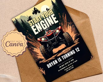 Invito di compleanno per ATV, invito per festa di compleanno per ATV - Invito di compleanno per ATV a quattro ruote e quattro velocità, invito di compleanno personalizzato per bambini con moto fuoristrada