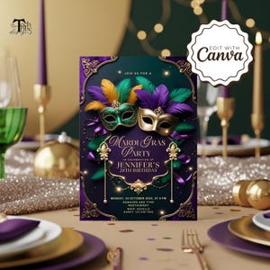 Op de afbeelding: Een uitnodiging voor een Mardi Gras-feest met een donkerblauwe en paarse achtergrond. De uitnodiging toont twee decoratieve maskers met veren en de tekst "Mardi Gras Party" met evenementdetails. Het Canva-logo staat rechtsboven.