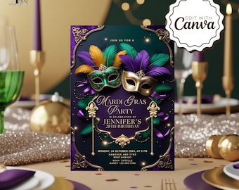 May include: A Mardi Gras party invitation with a dark teal and purple background. The invitation features two decorative masks with feathers, and the text "Mardi Gras Party" with event details. The Canva logo is in the upper right corner.