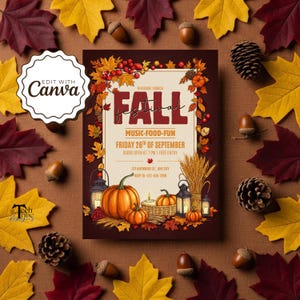 Könnte beinhalten: Ein Flyer für ein Herbstfest mit braunem Hintergrund, verziert mit Herbstblättern, Eicheln und Tannenzapfen. Der Flyer zeigt Kürbisse, Laternen und den Text "FALL FESTIVAL" mit Veranstaltungsdetails. Das Design verwendet warme Farben und ein rustikales Thema.