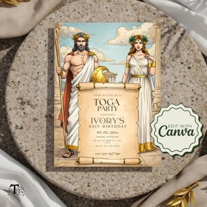 Modèle modifiable d'invitation de fête en toge - Invitation imprimable de la Rome antique et de la Grèce pour la célébration d'un événement costumé