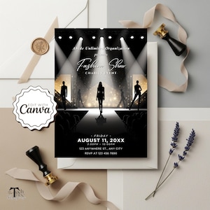 Può includere: Un invito a una sfilata di moda in bianco e nero con il testo "Fashion Show Charity Event". Il design presenta sagome di modelle su una passerella sotto i riflettori. Sono inclusi anche data e ora.
