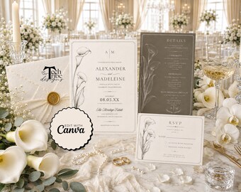 Botanical Calla Lily Wedding Invitation Suite, Elegant Floral Save the Date, Wedding Details & RSVP Card, Editable Canva Printable Template