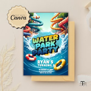 Invitación de parque acuático, invitación para fiesta con tobogán acuático, invitación imprimible con temática de parque acuático para celebración de cumpleaños infantil