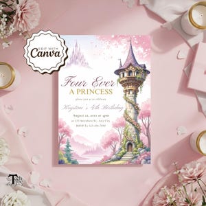Four Ever A Princess Birthday Invite | Girls 4th Birthday Party | Magical Castle Theme Celebration, Printable Invite