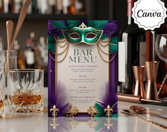 Może przedstawiać: Dekoracyjne menu barowe z motywem Mardi Gras. Menu zawiera zielono-złotą maskę, fioletowe i zielone pióra oraz złote akcenty. Menu zawiera listę napojów, wina, piwa i napojów bezalkoholowych.