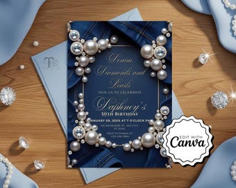 Denim Diamonds and Pearls Invite, Denim and Pearls Invitation Denim and Diamonds Party Invite Editable Denim Theme Birthday Invitation