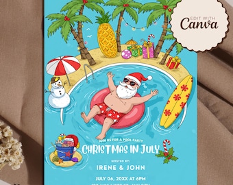 May include: A whimsical invitation for a pool party with a Christmas in July theme. Santa relaxes in a pool floatie, surrounded by palm trees, a snowman, and a surfboard. The invitation includes the text "Christmas in July" and party details.