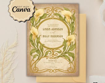 Puede incluir: Una invitación de boda de estilo art déco con fondo crema y detalles dorados. La invitación presenta un diseño floral con lirios blancos y hojas verdes. El texto dice "Están invitados a la boda de Linda Johnson y Billy Anderson, el 10 de agosto de 2024, a las 6 de la tarde, Fauget Hall, 123 Anywhere St, Any City, ST 12345, RSVP al 123-436-7890."
