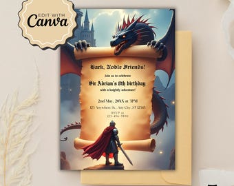 Knight and Dragon Invite Medieval Invite-Printable Medieval Party Invitation, Digital Renaissance Invite, Customizable & Unique Party Invite
