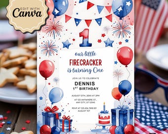 4th of July Birthday Invitation | Red & Blue Patriotic Invite | Memorial Day Printable Party Invite | 1st Birthday Celebration
