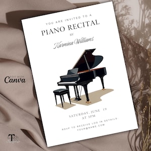 Op de afbeelding: Een witte uitnodigingskaart met zwarte tekst die een pianorecital aankondigt door Karmina Williams. De kaart bevat een zwart-witte illustratie van een vleugelpiano. Het evenement is gepland voor zaterdag 19 juni om 15:00 uur. RSVP-gegevens worden verstrekt met een e-mailadres.