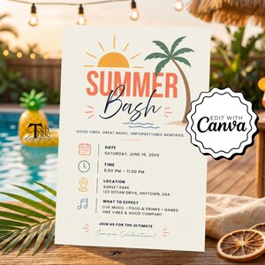 Summer Bash Invitation Template, Beach Party & Pool Party Invite, School’s Out Soirée BBQ Cookout Evite, Editable Canva Celebration Template