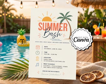 Summer Bash Invitation Template, Beach Party & Pool Party Invite, School’s Out Soirée BBQ Cookout Evite, Editable Canva Celebration Template
