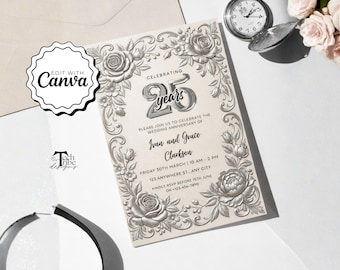 25th Wedding Anniversary Invitation - Elegant Silver Wedding Cards, 25th Anniversary Party Invitations, Modern Printable Design