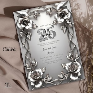 Einladung zur 25.Hochzeit - Elegante Silberhochzeitskarten, Einladungen zur 25.Hochzeit, modernes druckbares Design