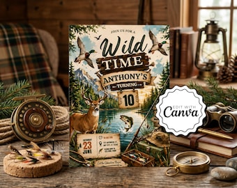 Hunting Birthday Invitation, Deer & Fishing Party Invite, Outdoor Kids Hunt Theme Birthday Invitation, Editable Printable Party Invite Templ