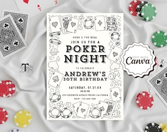 May include: A poker night invitation with a black and white design, featuring playing cards, poker chips, and dice. The invitation reads "POKER NIGHT" and "ANDREW'S 30TH BIRTHDAY". The design includes the text "EDIT WITH Canva".