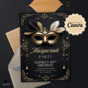 Masquerade Ball Invitation, Editable Birthday Party Invite Template, Printable Digital Bday Invitation for Elegant Celebration