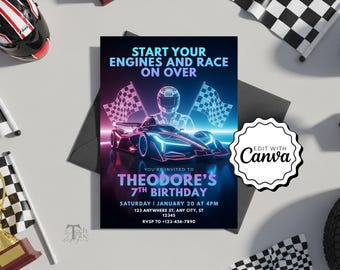 Race Car Birthday Invitation Printable Template, Editable Racing Party Invite, Speed Racer Theme Birthday Invitation Canva Template